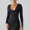 Rochie mini cu mâneci lungi și decolteu adânc din jersey elastic Oakley, negru