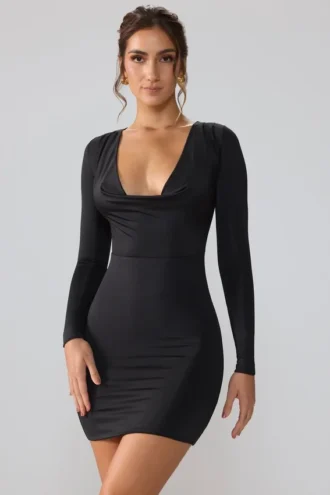 Rochie mini cu mâneci lungi și decolteu adânc din jersey elastic Oakley, negru Rochie mini cu mâneci lungi și decolteu adânc din jersey elastic Oakley, negru