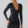 Rochie mini cu mâneci lungi și decolteu adânc din jersey elastic Oakley, negru