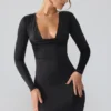 Rochie mini cu mâneci lungi și decolteu adânc din jersey elastic Oakley, negru