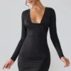Rochie mini cu mâneci lungi și decolteu adânc din jersey elastic Oakley, negru