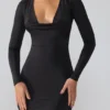 Rochie mini cu mâneci lungi și decolteu adânc din jersey elastic Oakley, negru