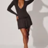 Rochie mini cu mâneci lungi și decolteu adânc Vallen, negru