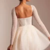Rochie mini cu mâneci lungi și fustă din tul, cu ornamente, model Calliope, în culoarea Ivory Rochie mini cu mâneci lungi și fustă din tul, cu ornamente, model Calliope, în culoarea Ivory