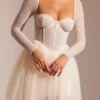 Rochie mini cu mâneci lungi și fustă din tul, cu ornamente, model Calliope, în culoarea Ivory Rochie mini cu mâneci lungi și fustă din tul, cu ornamente, model Calliope, în culoarea Ivory