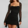 Rochie mini cu mâneci lungi și guler înalt, cu aplicații, Tivoli, negru