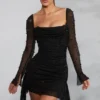 Rochie mini cu mâneci lungi și guler înalt, cu aplicații, Tivoli, negru