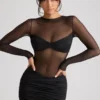 Rochie mini cu mâneci lungi și panouri transparente Essie, negru