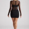 Rochie mini cu mâneci lungi și panouri transparente Essie, negru