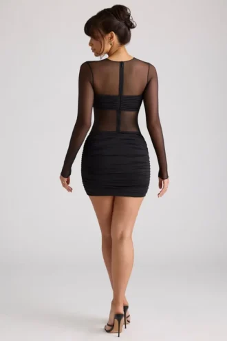 Rochie mini cu mâneci lungi și panouri transparente Essie, negru Rochie mini cu mâneci lungi și panouri transparente Essie, negru