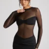 Rochie mini cu mâneci lungi și panouri transparente Essie, negru