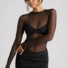 Rochie mini cu mâneci lungi și panouri transparente Essie, negru