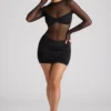 Rochie mini cu mâneci lungi și panouri transparente Essie, negru