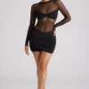 Rochie mini cu mâneci lungi și panouri transparente Essie, negru