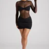Rochie mini cu mâneci lungi și panouri transparente Essie, negru