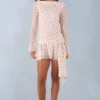 Rochie mini cu mâneci lungi și spate decupat Cendria, cu imprimeu cu buline de culoare ivoriu Rochie mini cu mâneci lungi și spate decupat Cendria, cu imprimeu cu buline de culoare ivoriu