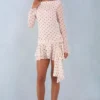 Rochie mini cu mâneci lungi și spate decupat Cendria, cu imprimeu cu buline de culoare ivoriu Rochie mini cu mâneci lungi și spate decupat Cendria, cu imprimeu cu buline de culoare ivoriu