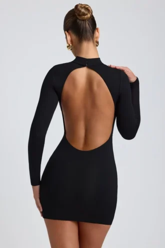 Rochie mini cu mâneci lungi și spate decupat Yara Modal, negru Rochie mini cu mâneci lungi și spate decupat Yara Modal, negru