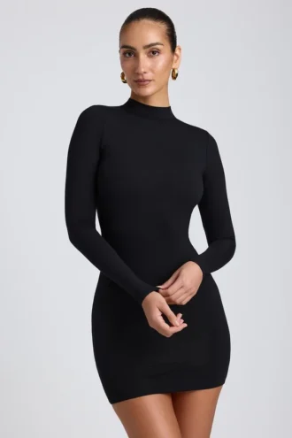 Rochie mini cu mâneci lungi și spate decupat Yara Modal, negru Rochie mini cu mâneci lungi și spate decupat Yara Modal, negru