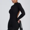 Rochie mini cu mâneci lungi și spate decupat Yara Modal, negru