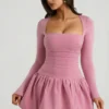 Rochie mini cu mâneci lungi și tiv bufant Viola, în nuanța mov