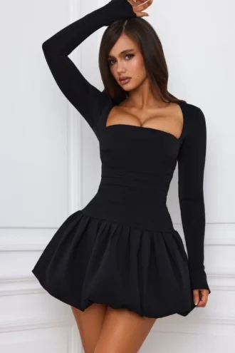 Rochie mini cu mâneci lungi și tiv bufant Viola, negru Rochie mini cu mâneci lungi și tiv bufant Viola, negru