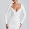 Rochie mini cu mâneci lungi și volane din modal Sana, alb