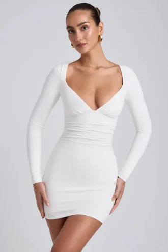 Rochie mini cu mâneci lungi și volane din modal Sana, alb Rochie mini cu mâneci lungi și volane din modal Sana, alb