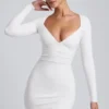 Rochie mini cu mâneci lungi și volane din modal Sana, alb