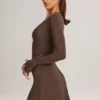 Rochie mini cu mâneci lungi Iskra din modal, culoare maro ciocolată