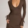 Rochie mini cu mâneci lungi Iskra din modal, culoare maro ciocolată