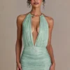 Rochie mini cu spate decupat și ornamente Clarisse, verde salvie