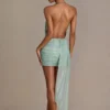 Rochie mini cu spate decupat și ornamente Clarisse, verde salvie