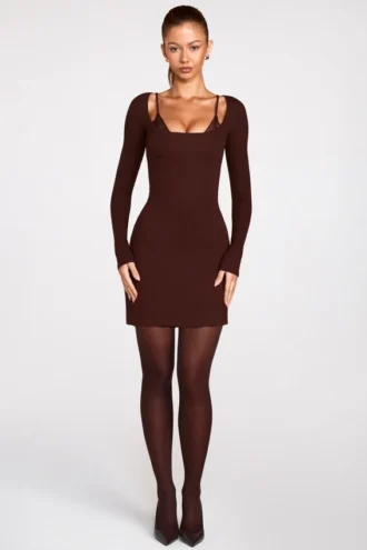 Rochie mini cu sutien cu dantelă și mâneci lungi din modal cu nervuri Caris, culoare maro ciocolată Rochie mini cu sutien cu dantelă și mâneci lungi din modal cu nervuri Caris, culoare maro ciocolată