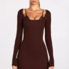 Rochie mini cu sutien cu dantelă și mâneci lungi din modal cu nervuri Caris, culoare maro ciocolată Rochie mini cu sutien cu dantelă și mâneci lungi din modal cu nervuri Caris, culoare maro ciocolată