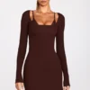 Rochie mini cu sutien cu dantelă și mâneci lungi din modal cu nervuri Caris, culoare maro ciocolată Rochie mini cu sutien cu dantelă și mâneci lungi din modal cu nervuri Caris, culoare maro ciocolată