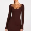 Rochie mini cu sutien cu dantelă și mâneci lungi din modal cu nervuri Caris, culoare maro ciocolată Rochie mini cu sutien cu dantelă și mâneci lungi din modal cu nervuri Caris, culoare maro ciocolată