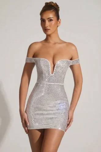 Rochie mini cu umeri decupați și decorați Leonora, albă Rochie mini cu umeri decupați și decorați Leonora, albă