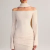 Rochie mini cu umeri decupați și detaliu eșarfă din tricot Luzia, culoare crem Rochie mini cu umeri decupați și detaliu eșarfă din tricot Luzia, culoare crem