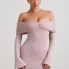 Rochie mini cu umeri decupați și drapaj, din amestec de modal și cașmir, de la Thais, în culoarea taupe