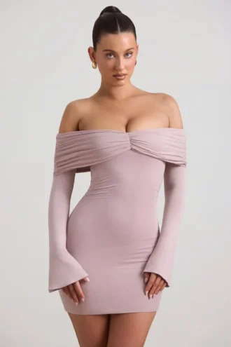 Rochie mini cu umeri decupați și drapaj, din amestec de modal și cașmir, de la Thais, în culoarea taupe