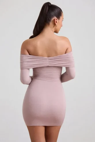 Rochie mini cu umeri decupați și drapaj, din amestec de modal și cașmir, de la Thais, în culoarea taupe