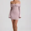 Rochie mini cu umeri decupați și drapaj, din amestec de modal și cașmir, de la Thais, în culoarea taupe