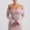 Rochie mini cu umeri decupați și drapaj, din amestec de modal și cașmir, de la Thais, în culoarea taupe