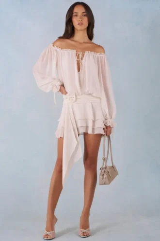 Rochie mini cu umeri decupați și mâneci balon Alessia, culoare ivoriu