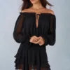 Rochie mini cu umeri decupați și mâneci balon Alessia în negru Rochie mini cu umeri decupați și mâneci balon Alessia în negru