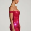 Rochie mini cu umeri decupați și ornamente Leonora, în roșu crimson Rochie mini cu umeri decupați și ornamente Leonora, în roșu crimson