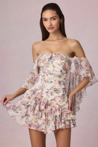 Rochie mini cu umeri decupați și volane, cu imprimeu floral Primrose