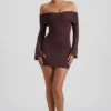 Rochie mini cu umeri decupați și volane din amestec de modal și cașmir Thais, culoare Espresso