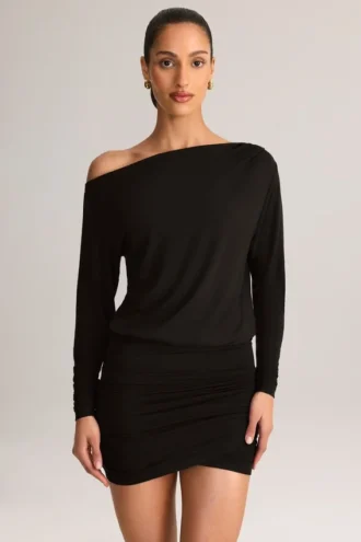 Rochie mini cu umeri decupați Mira din modal, negru Rochie mini cu umeri decupați Mira din modal, negru